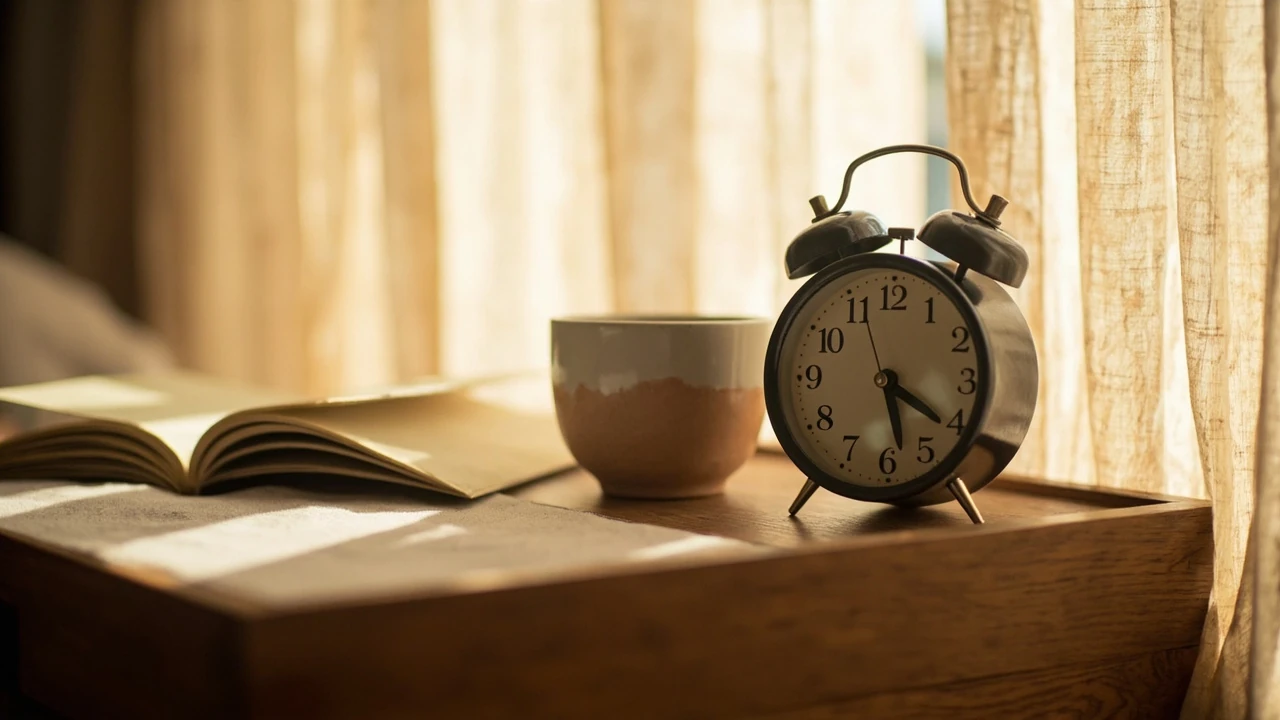 07:07 Uhr Bedeutung als Spiegelzeit auf einer analogen Uhr im warmen Morgenlicht
