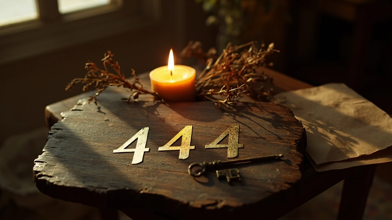 Engelszahlen 444 als Lichtzeichen auf einer alten Holztafel mit sanftem Kerzenlicht