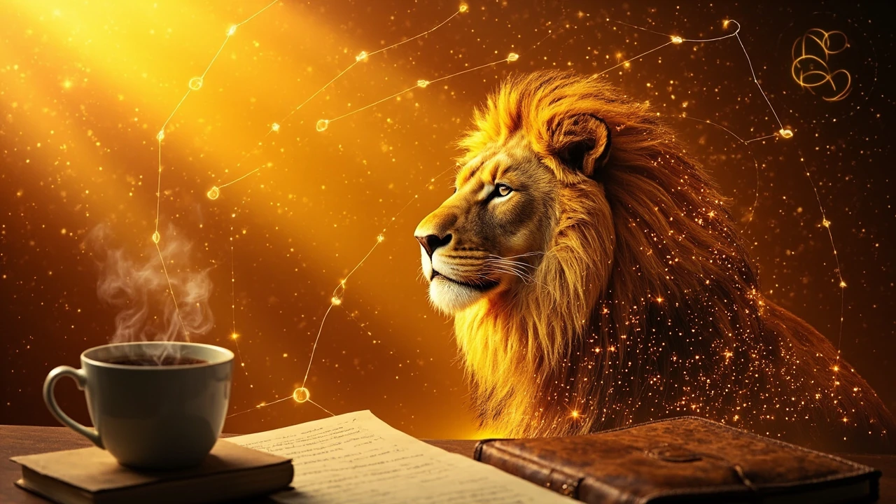 Löwe-Sternzeichen Symbol auf einem Hintergrund in warmen Goldtönen, Illustration für das Horoskop Löwe heute
