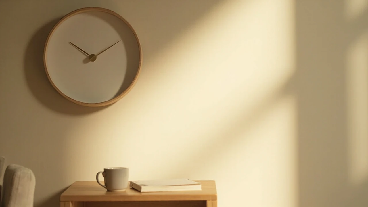 Analoge Wanduhr zeigt 13:13 Uhr auf hellem Hintergrund